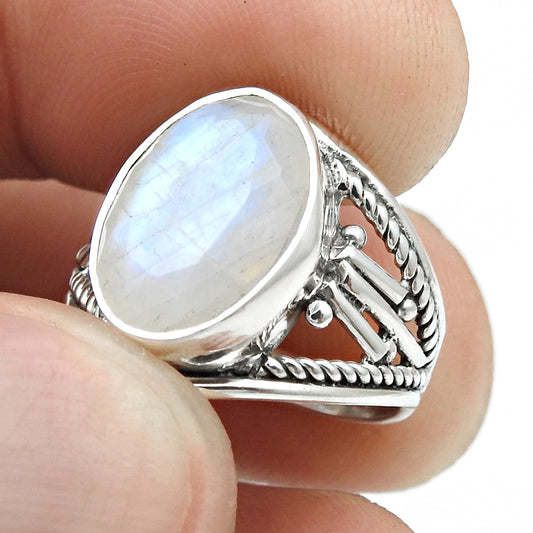 Oval Crown Chakra Natural Rainbow Moonstone 925 Silver Band Ring Jewelry