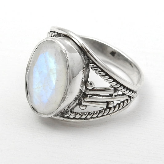 Oval Crown Chakra Natural Rainbow Moonstone 925 Silver Band Ring Jewelry