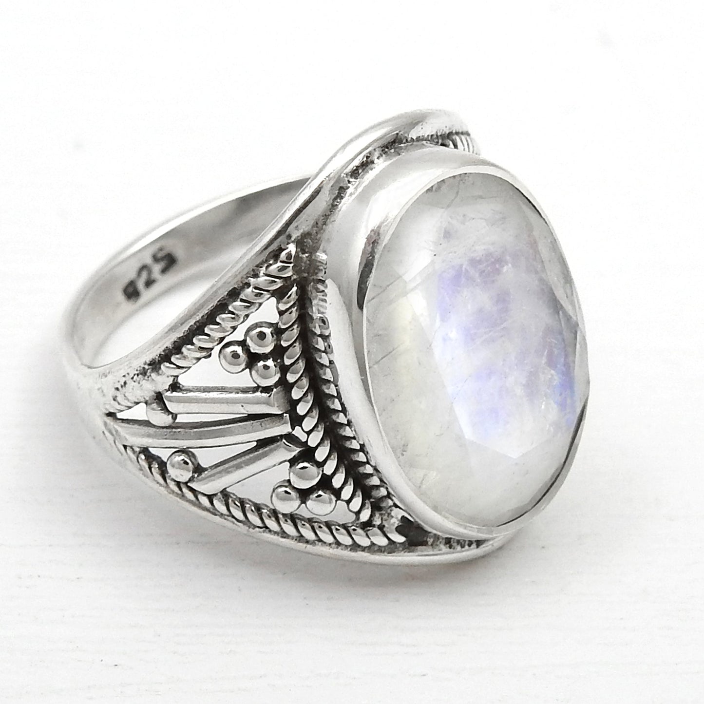 Rainbow Moonstone 925 Sterling Silver Bezel Band Ring Jewelry Size 6.5