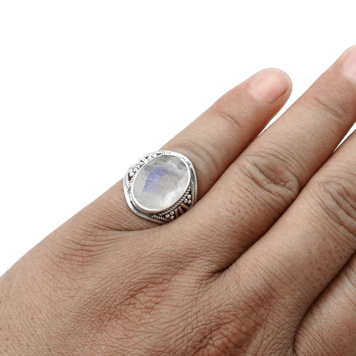 Rainbow Moonstone 925 Sterling Silver Bezel Band Ring Jewelry Size 6.5