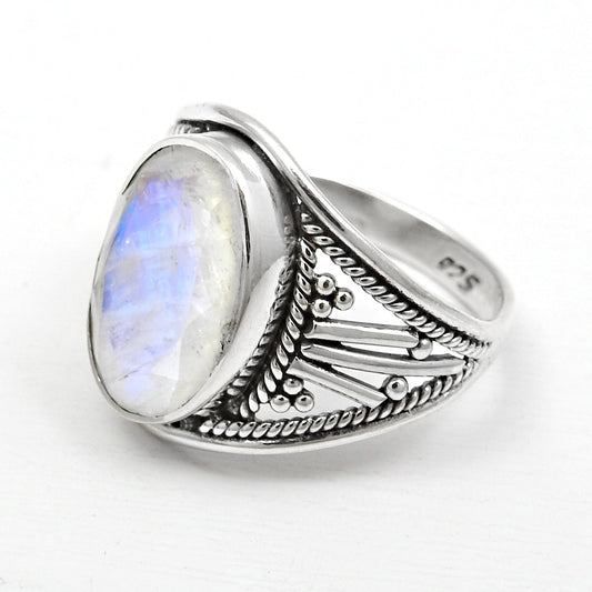 Rainbow Moonstone Solid 925 Silver Cocktail Ring Size 7