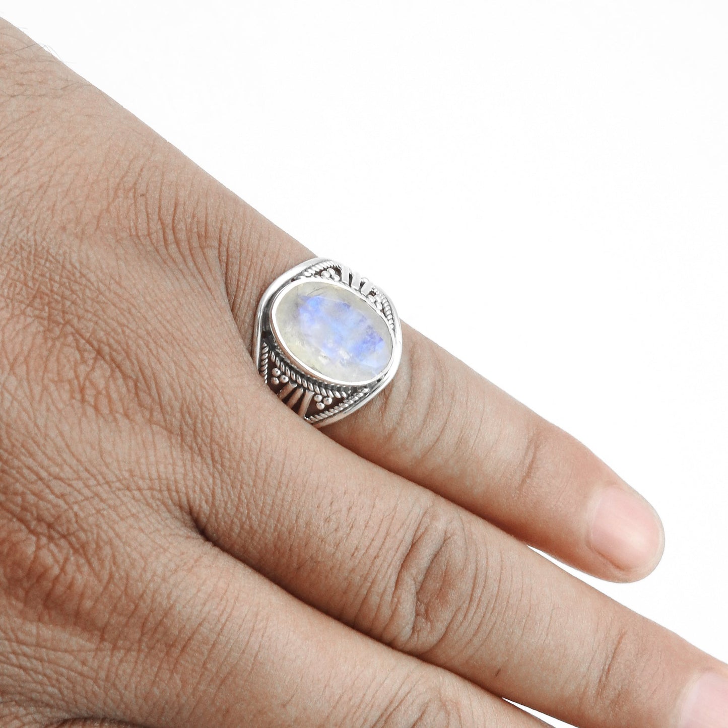 Rainbow Moonstone Solid 925 Silver Cocktail Ring Size 7