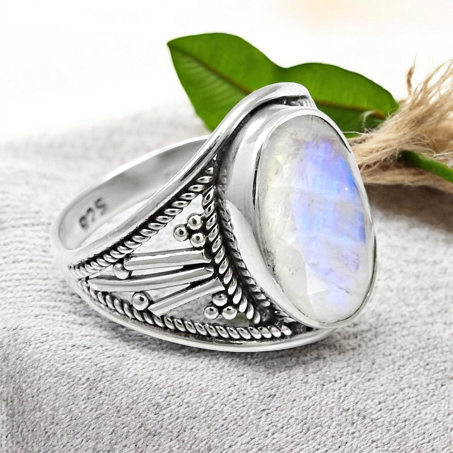 Rainbow Moonstone Solid 925 Silver Cocktail Ring Size 7