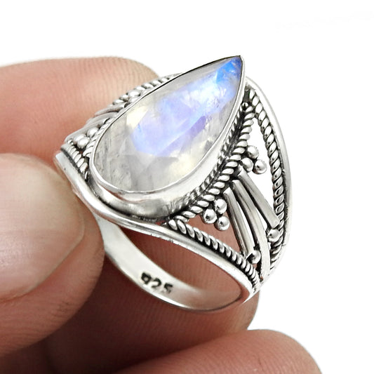 Pear Rainbow Moonstone 925 Silver Cocktail Handmade Ring Jewelry Size 7