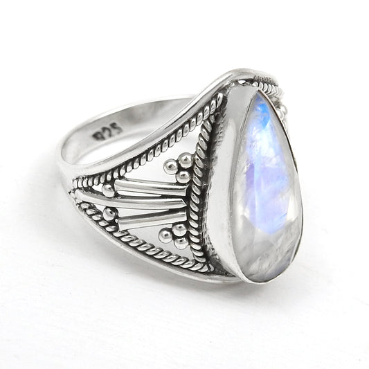 Pear Rainbow Moonstone 925 Silver Cocktail Handmade Ring Jewelry Size 7