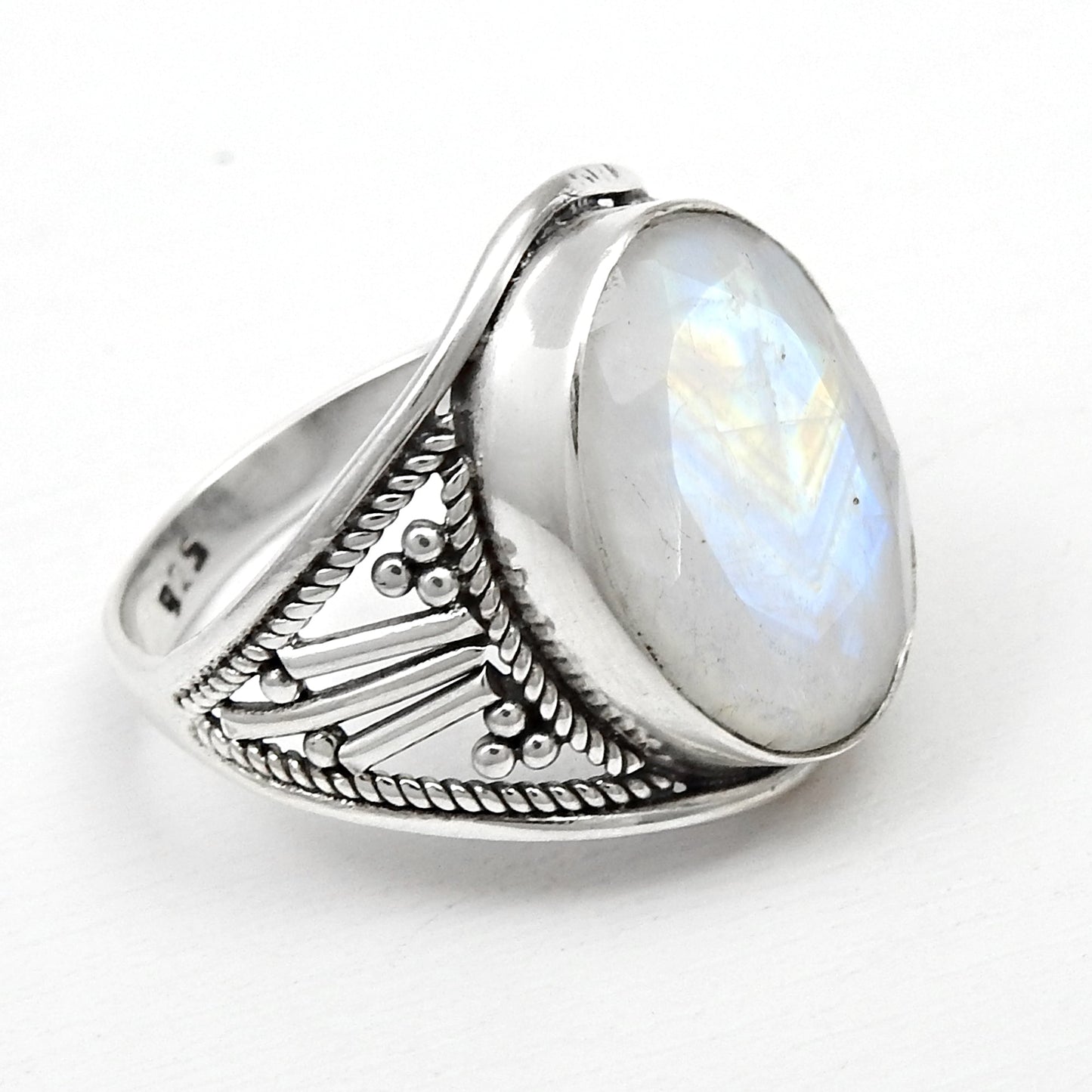 Rainbow Moonstone 925 Silver Handmade Cocktail Ring Size 7.5