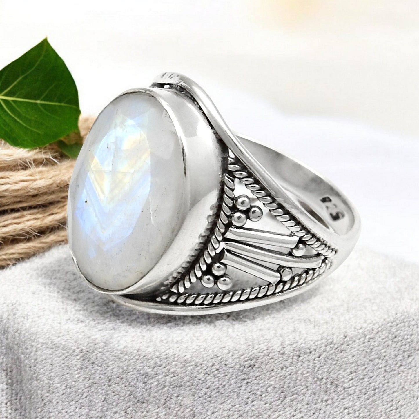 Rainbow Moonstone 925 Silver Handmade Cocktail Ring Size 7.5