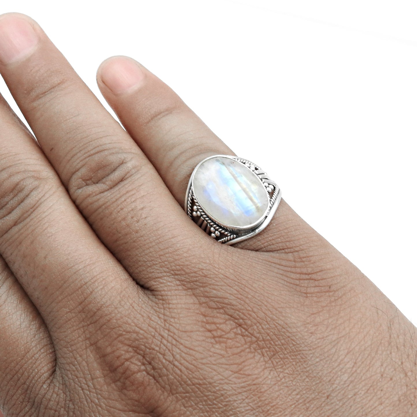 Natural Rainbow Moonstone Solid 925 Sterling Silver Band Ring Size 7.5