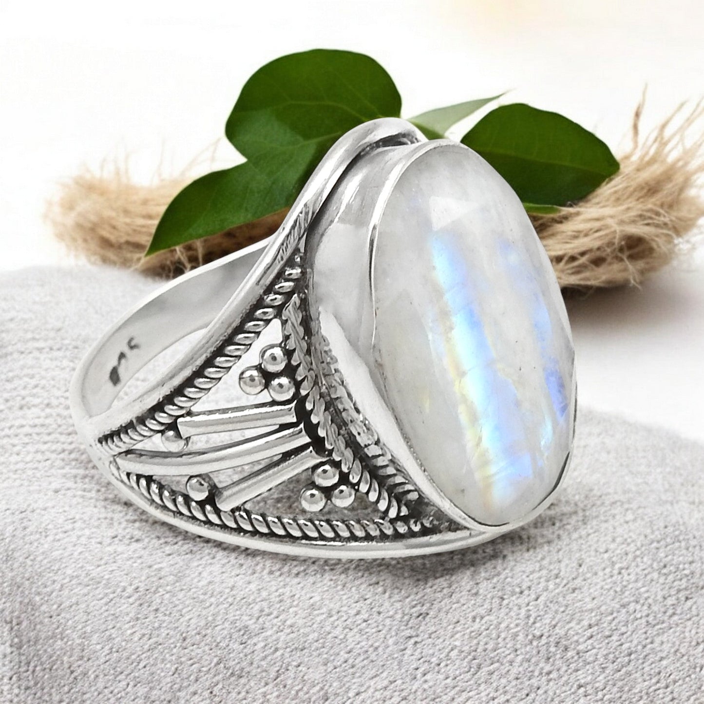 Natural Rainbow Moonstone Solid 925 Sterling Silver Band Ring Size 7.5