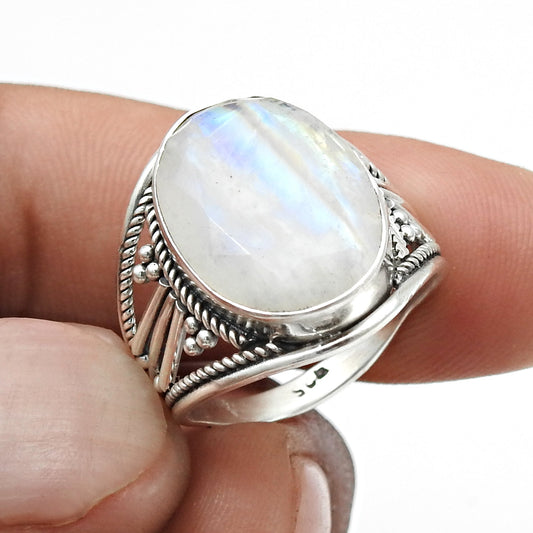 Natural Rainbow Moonstone Solid 925 Sterling Silver Band Ring Size 7.5