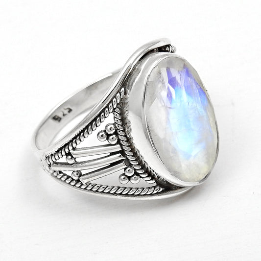 Rainbow Moonstone Bezel Cocktail Ring Jewelry 925 Sterling Silver