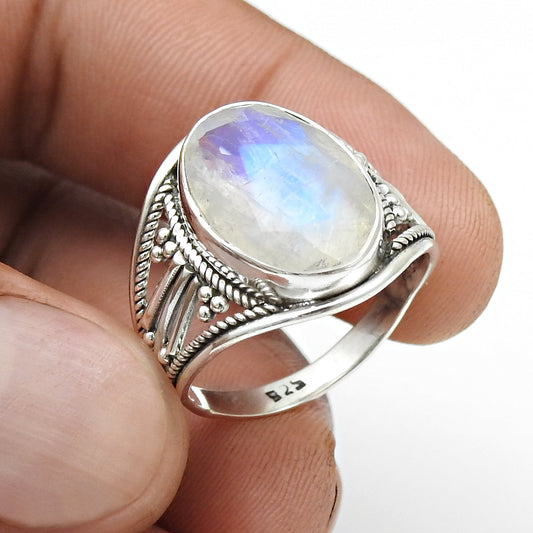 Rainbow Moonstone Bezel Cocktail Ring Jewelry 925 Sterling Silver