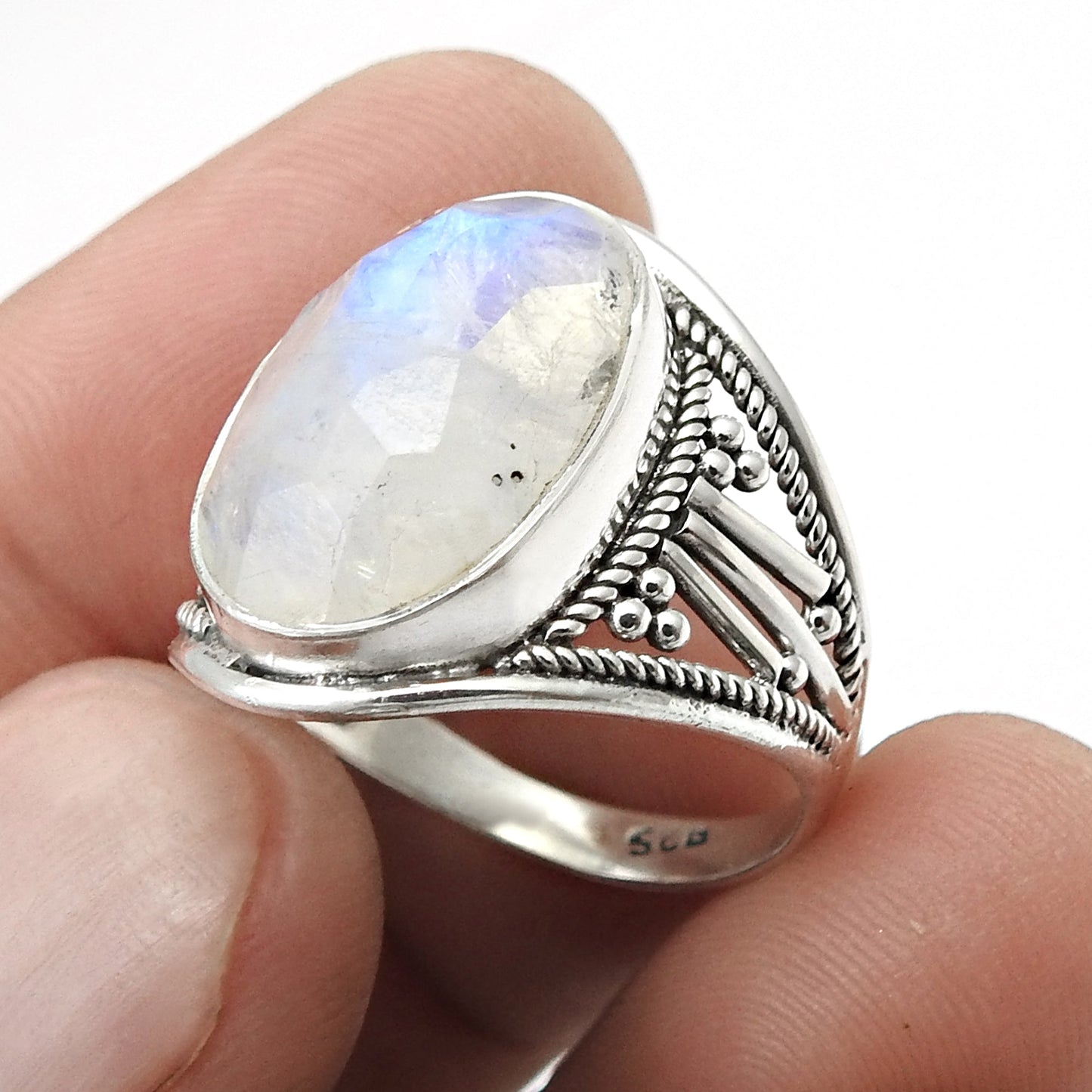 Rainbow Moonstone Solid 925 Silver Trendy Band Statement Ring Size 8