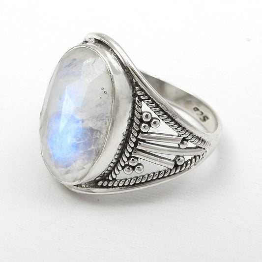 Rainbow Moonstone Solid 925 Silver Trendy Band Statement Ring Size 8