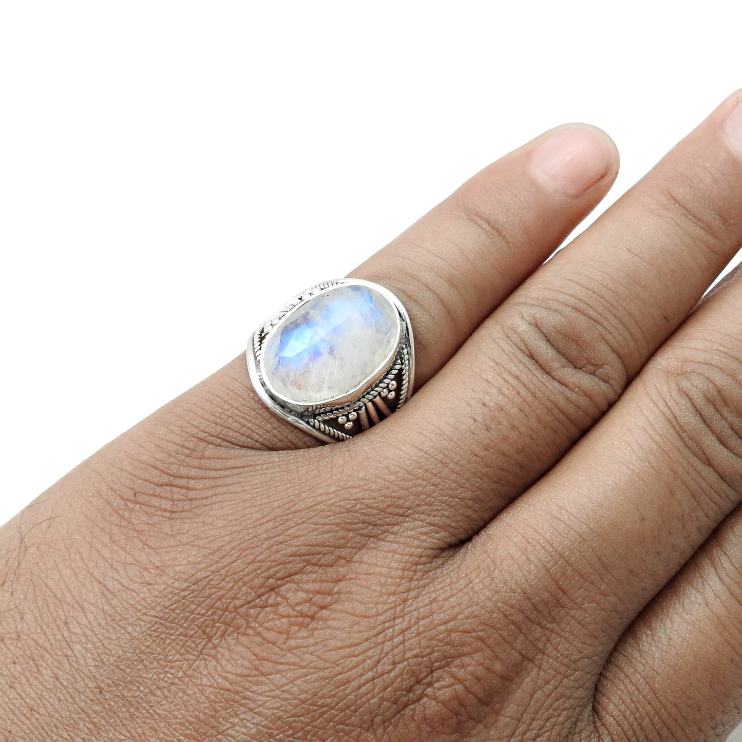 Rainbow Moonstone Solid 925 Silver Trendy Band Statement Ring Size 8