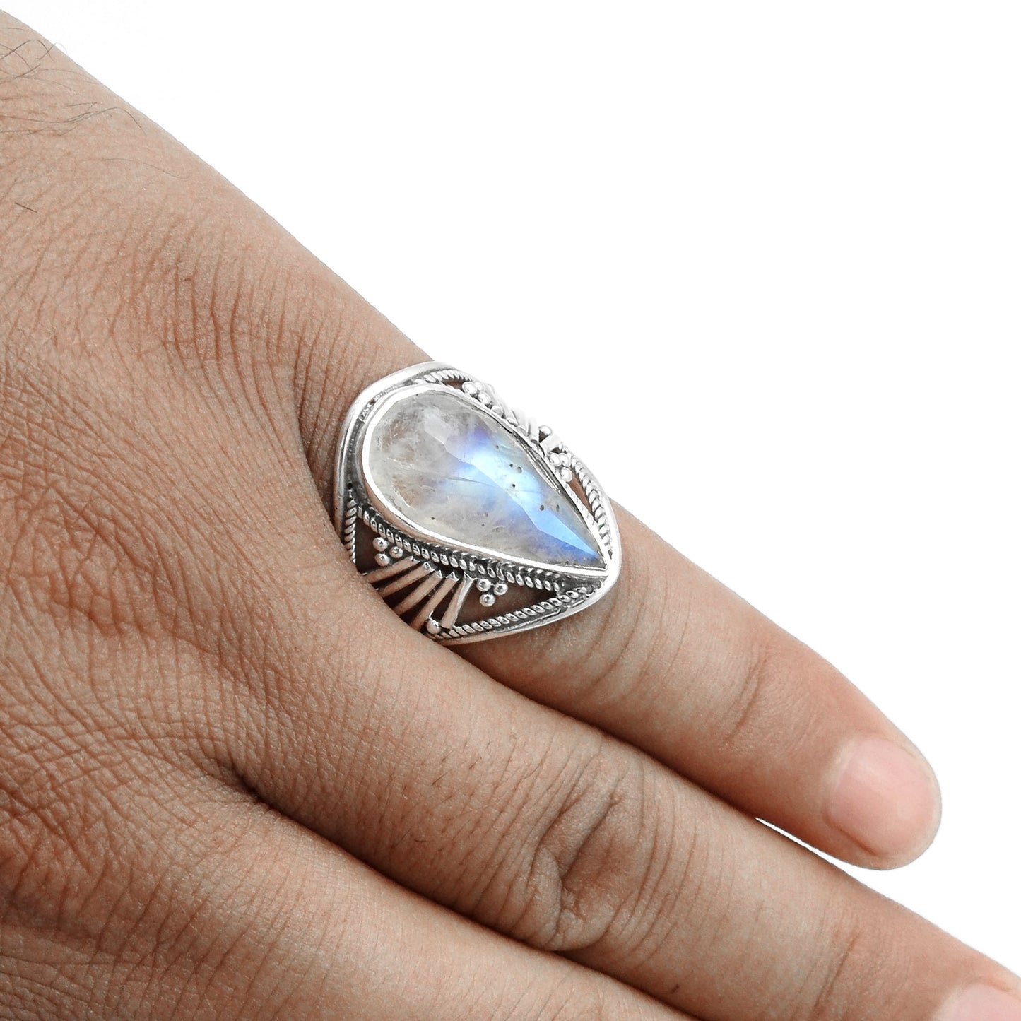 Crown Chakra Rainbow Moonstone Cocktail Ring 925 Silver Jewelry