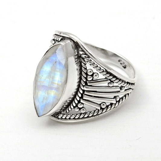 Blue Fire Rainbow Moonstone 925 Sterling Silver Wedding Cocktail Ring