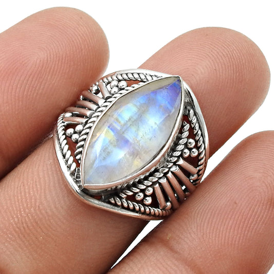 Blue Fire Rainbow Moonstone 925 Sterling Silver Wedding Cocktail Ring