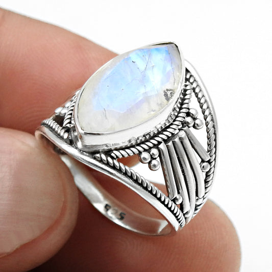 Rainbow Moonstone 925 Sterling Silver Cocktail Ring Size 7.5