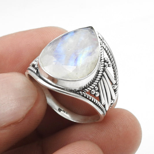 Rainbow Moonstone 925 Sterling Silver Handmade Ring Size 9.5