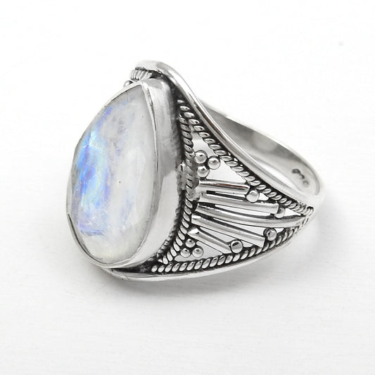 Rainbow Moonstone 925 Sterling Silver Handmade Ring Size 9.5