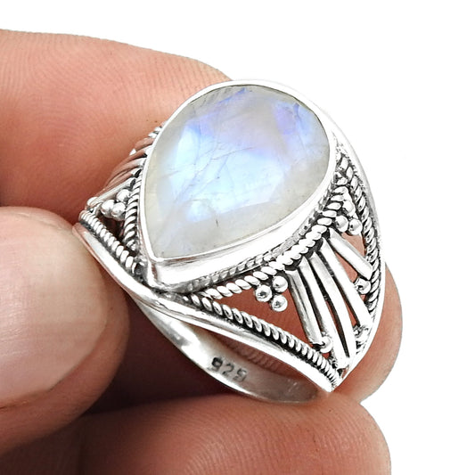 Natural Rainbow Moonstone Cocktail Ring Solid 925 Silver Handmade Jewelry