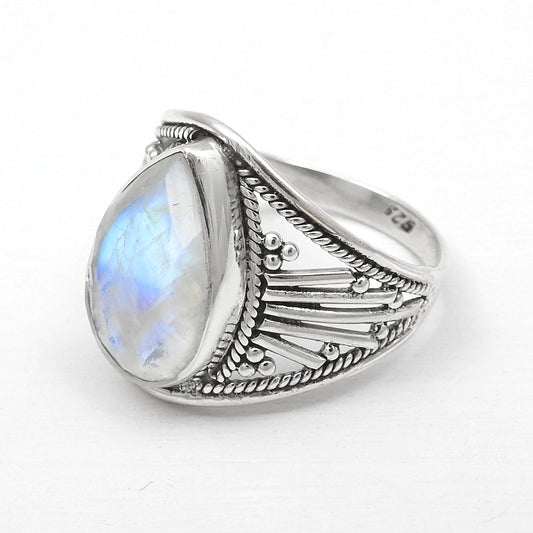 Natural Rainbow Moonstone Cocktail Ring Solid 925 Silver Handmade Jewelry