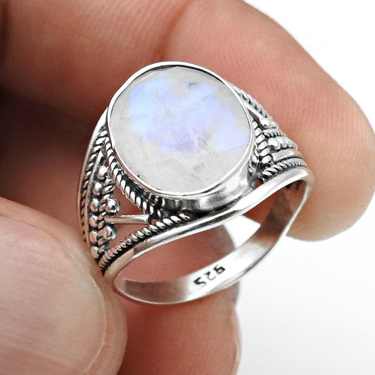 Crown Chakra Rainbow Moonstone Sterling Silver Cocktail Ring Size 7