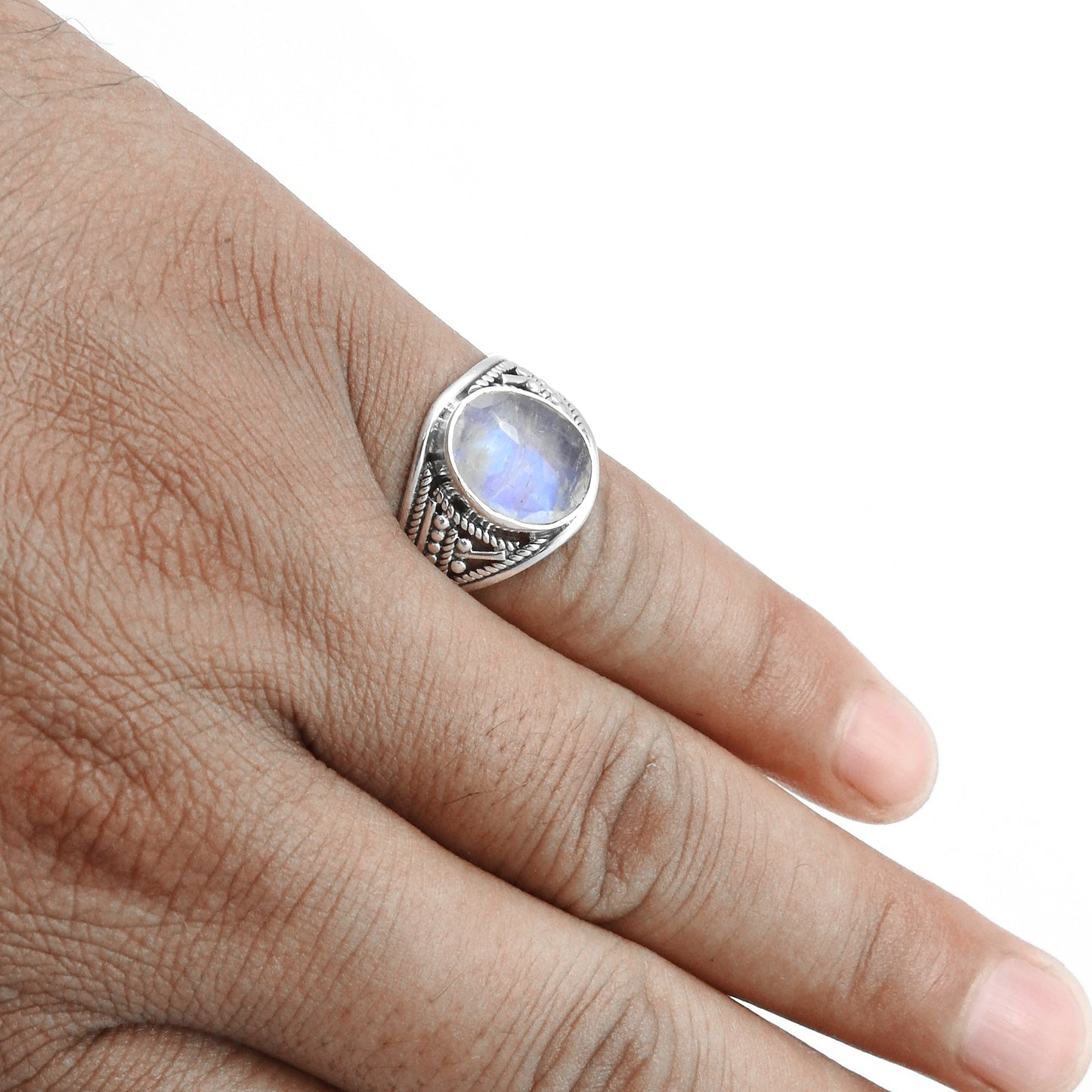 Oval Rainbow Moonstone 925 Silver Trendy Bezel Ring Size 7