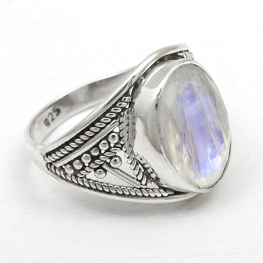 Oval Rainbow Moonstone Solid 925 Silver Crown Chakra Ring Size 7