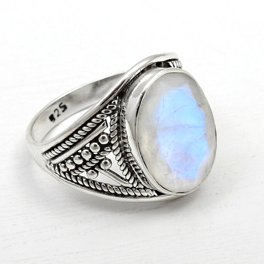 Rainbow Moonstone 925 Sterling Silver Cocktail Ring Size 7