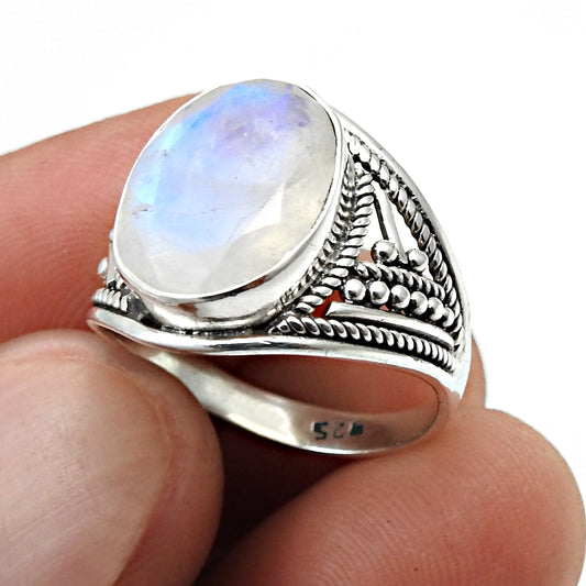 Rainbow Moonstone 925 Sterling Silver Cocktail Ring Size 7