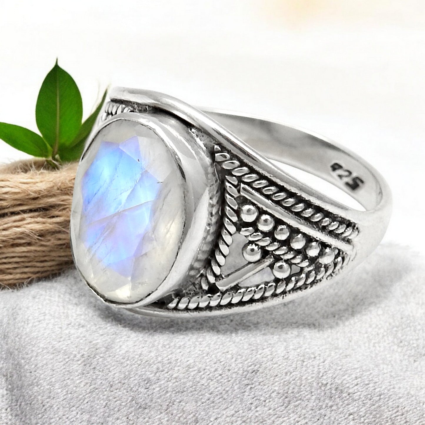 Blue Fire Rainbow Moonstone 925 Sterling Silver Promise Ring Size 7.5