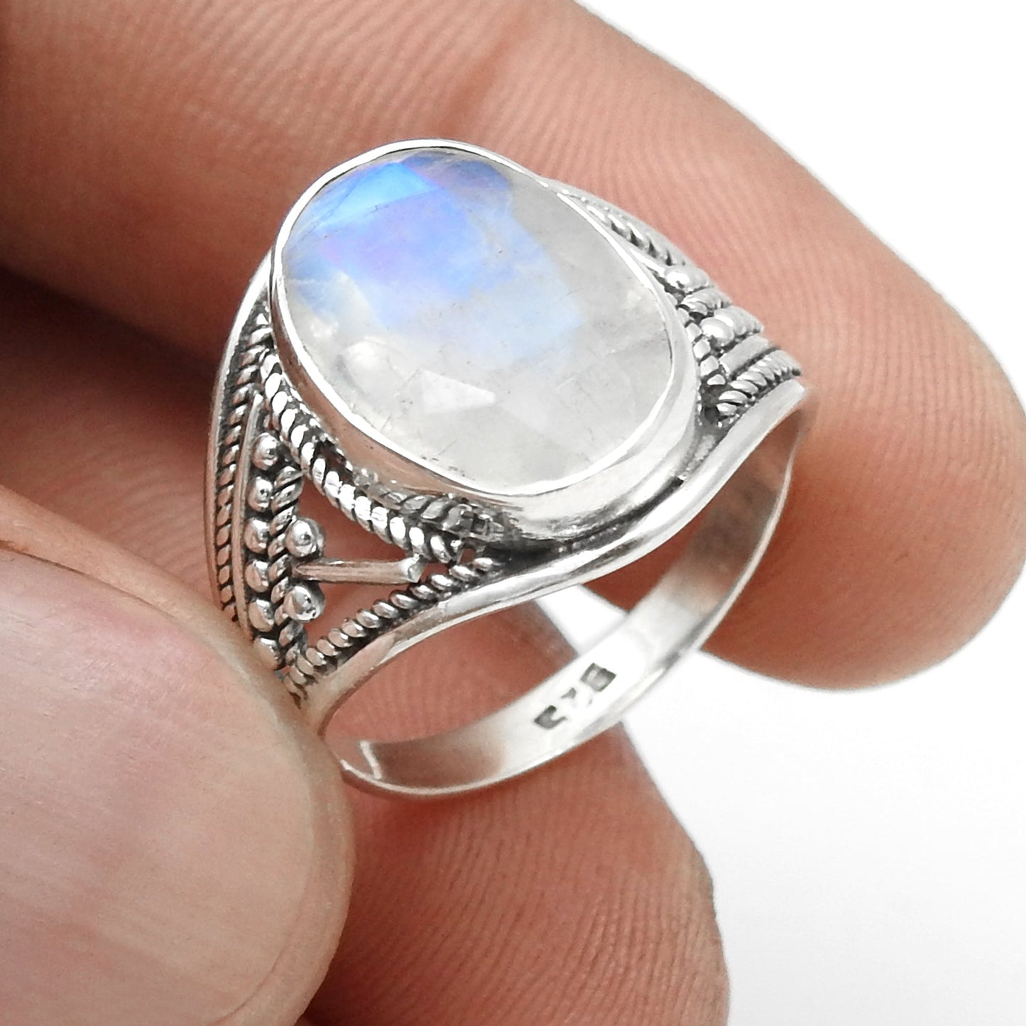 Genuine Rainbow Moonstone Solid 925 Silver Cocktail Ring Size 8