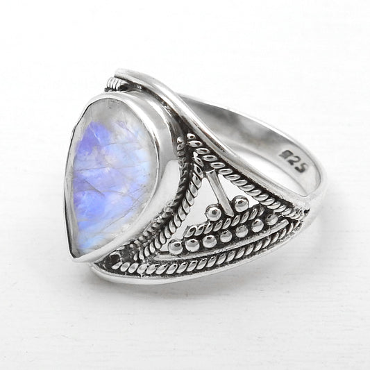 Pear Rainbow Moonstone 925 Silver Bezel Statement Ring Size 6