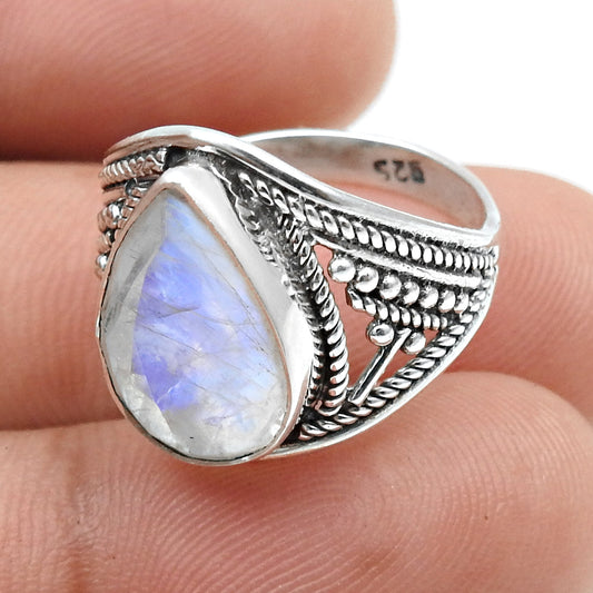 Pear Rainbow Moonstone 925 Silver Bezel Statement Ring Size 6