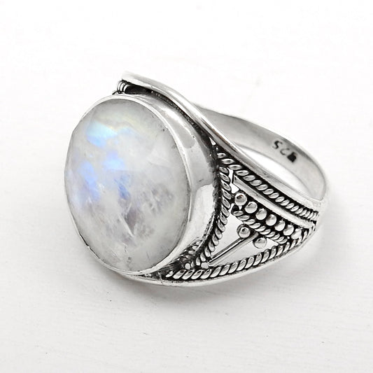 Round Shape Natural Rainbow Moonstone 925 Sterling Silver Ring Size 9.5