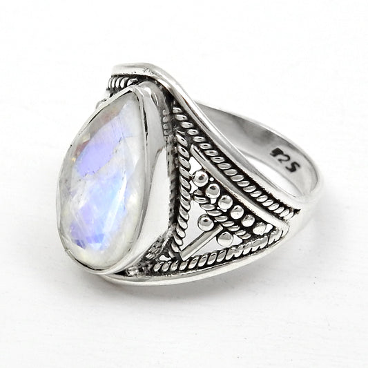 Rainbow Moonstone 925 Sterling Silver Bezel Cocktail Artisan Ring Size 6