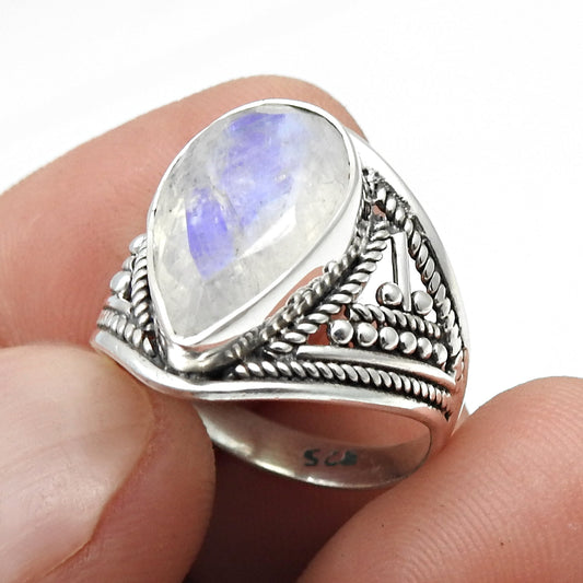 Rainbow Moonstone 925 Sterling Silver Bezel Cocktail Artisan Ring Size 6