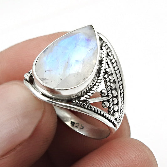 AAA Quality Natural Rainbow Moonstone 925 Sterling Silver Cocktail Ring Size 6.5