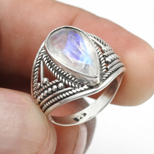 Rainbow Moonstone Sterling Silver Handmade Cocktail Ring Size 6.5