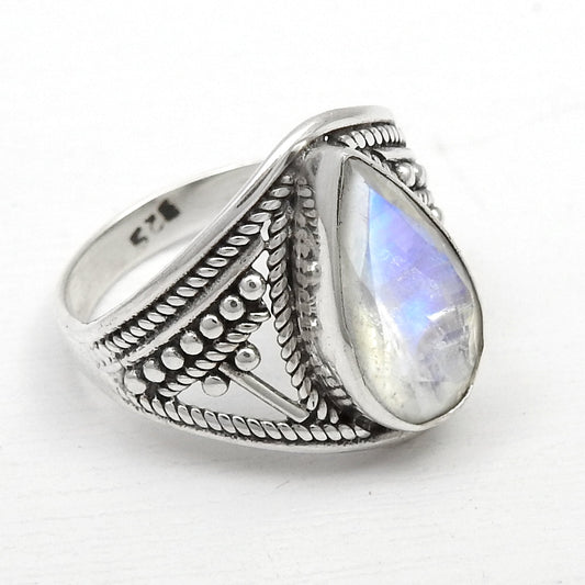 Rainbow Moonstone Sterling Silver Handmade Cocktail Ring Size 6.5