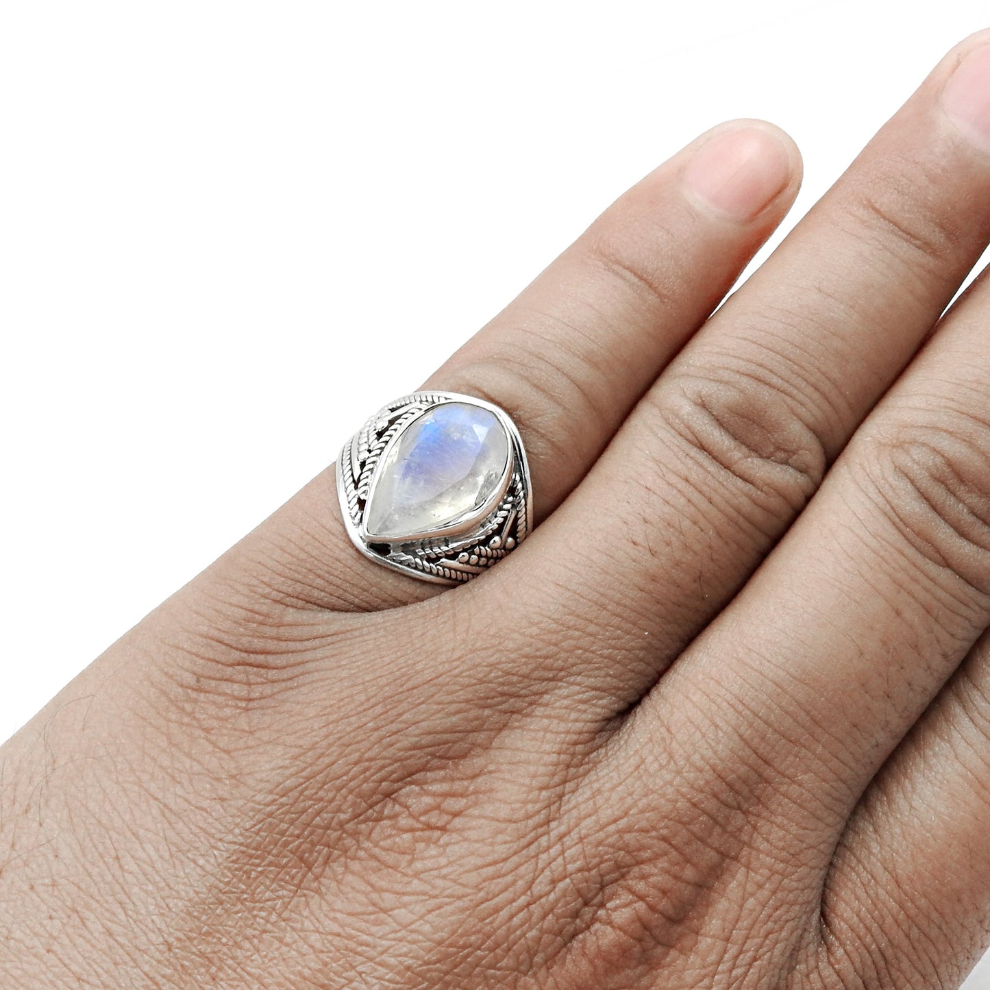 Crown Chakra Natural Rainbow Moonstone 925 Silver Ring Size 6.5