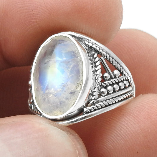 Rainbow Moonstone Sterling Silver Bezel Cocktail Boho Ring Size 6.5