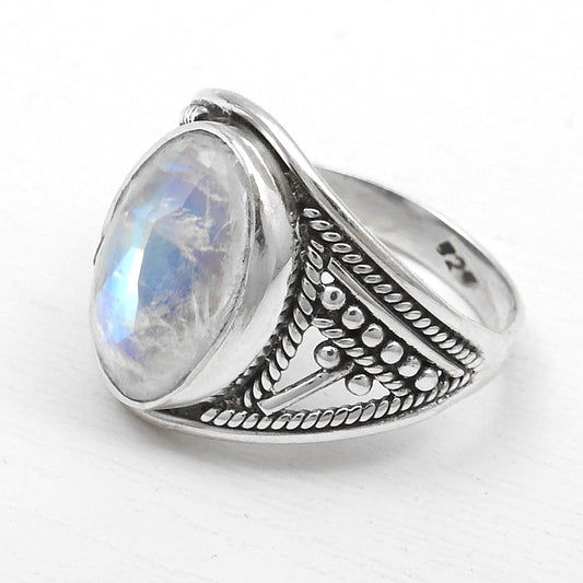 Rainbow Moonstone Sterling Silver Bezel Cocktail Boho Ring Size 6.5