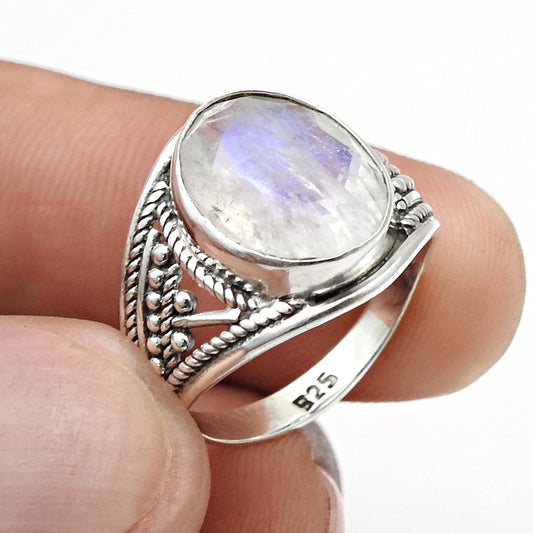 925 Sterling Silver Rainbow Moonstone Ring Women Jewelry Size 6.5