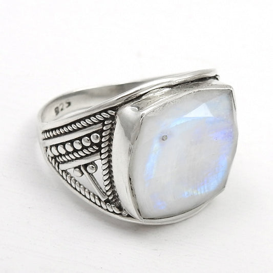 Men Ring Square Shape Natural Rainbow Moonstone 925 Sterling Silver Statement Ring Size 8