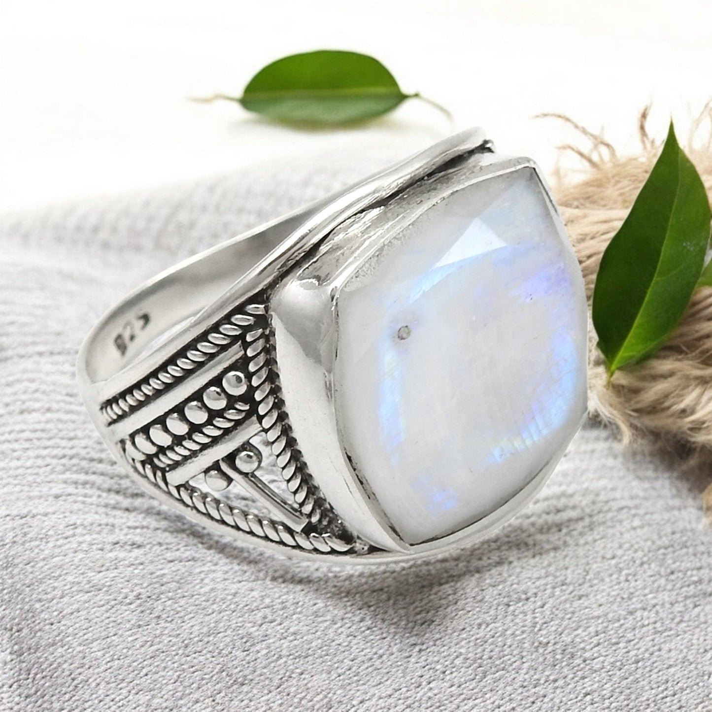 Men Ring Square Shape Natural Rainbow Moonstone 925 Sterling Silver Statement Ring Size 8