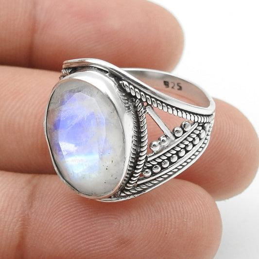 Solid 925 Sterling Silver Oval Shape Rainbow Moonstone Cocktail Ring Size 8.5