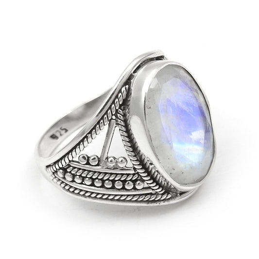 Solid 925 Sterling Silver Oval Shape Rainbow Moonstone Cocktail Ring Size 8.5